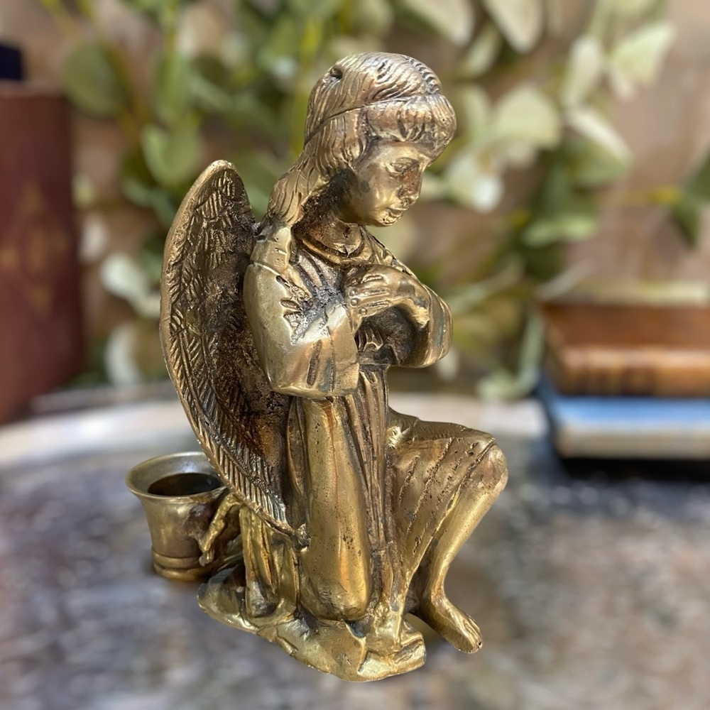 Vintage Brass Angel Candleholder Heavy Cast Metal Candlestick